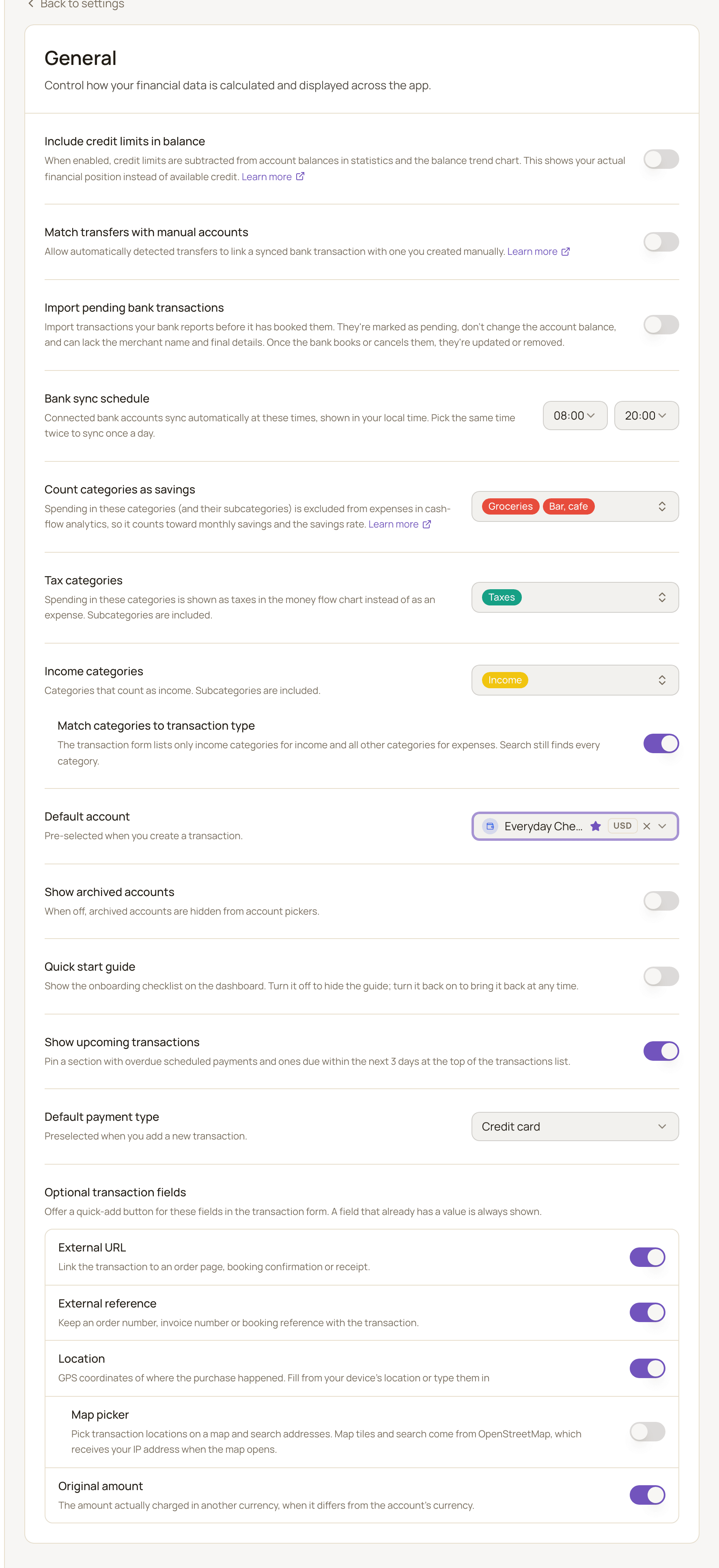 The General settings page with the balance, savings, tax categories, account picker, Quick Start and optional transaction field options.